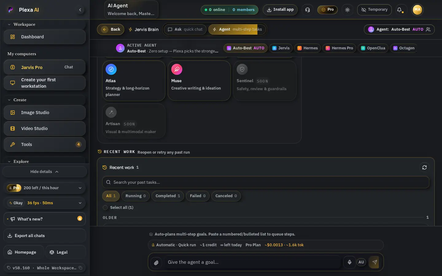 Agents screen in the Plexa AI workspace