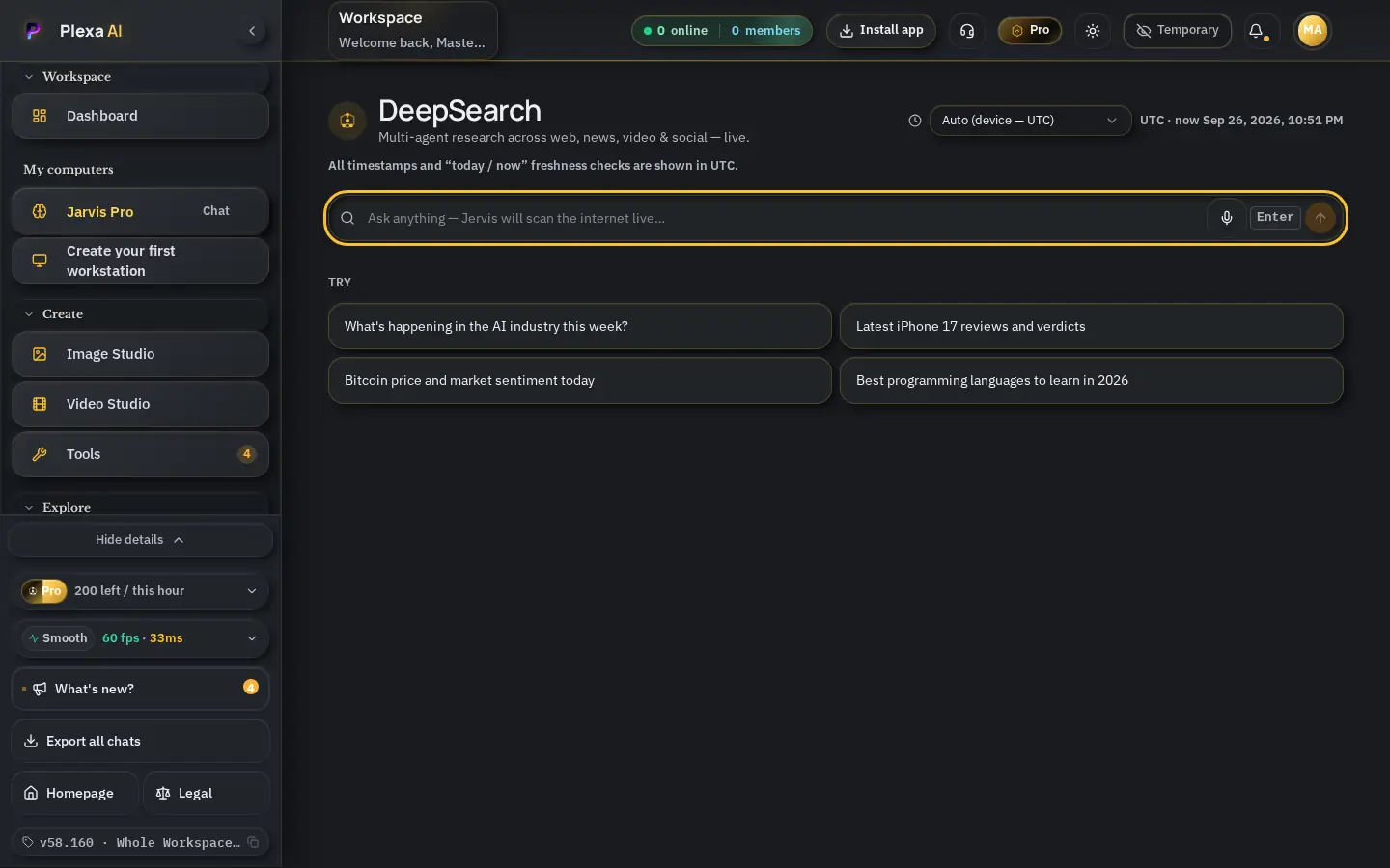 Deep Search screen in the Plexa AI workspace