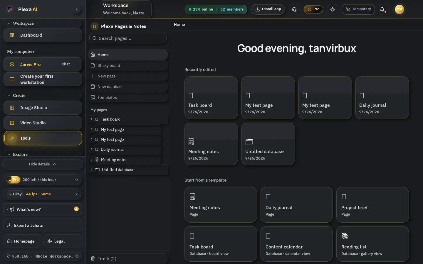 Pages & Notes screen in the Plexa AI workspace
